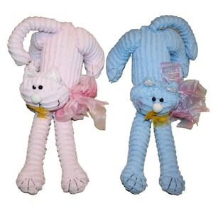 2 chenille cat kitty 12" plush pink blue Joelson stuffed animal feathers bow lot